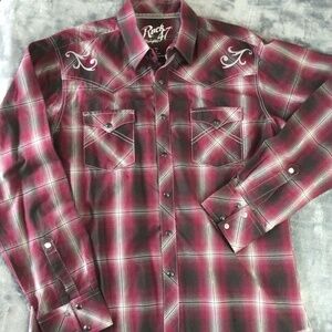 Wrangler Rock 47 Pearl Snap Shirt Mens Large Plaid Western Cowboy Long Sleeve